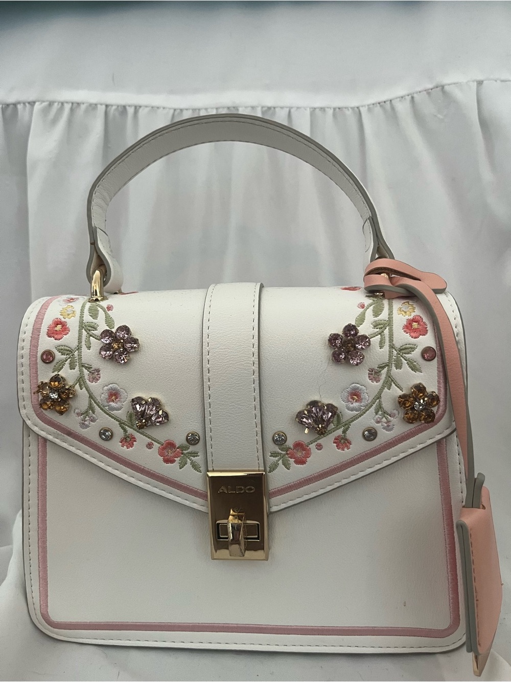 ALDO White Floral Embellished Top-Handle Satchel with Pink Trim